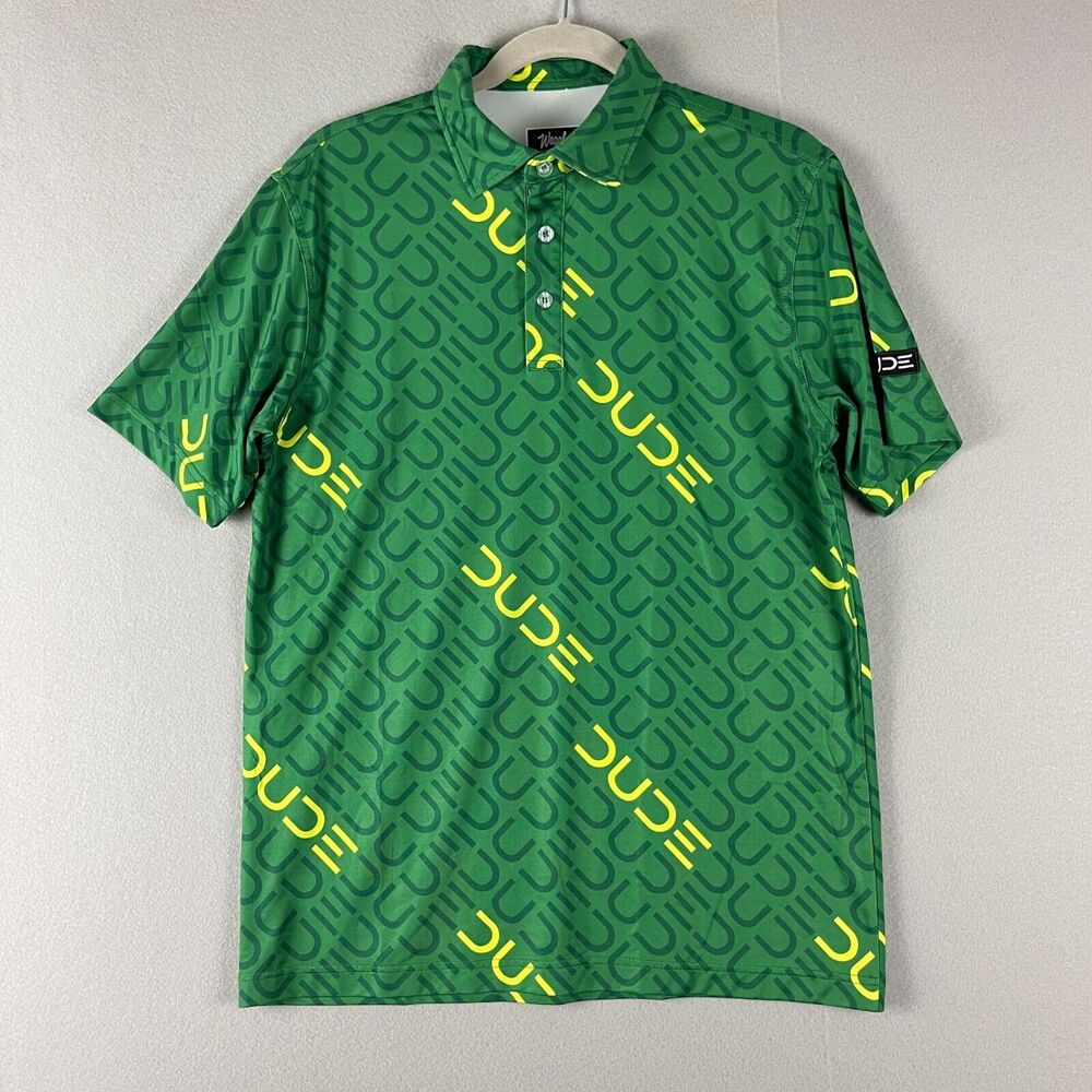 Waggle Dude Golf Polo Shirt Mens Medium Green Short Sleeve Allover Print